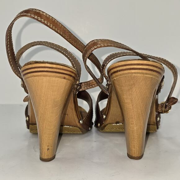 Vintage Italian Leather Wooden Heel Slingback Clog Sandals Studded Brown Size 7 - Picture 9 of 10